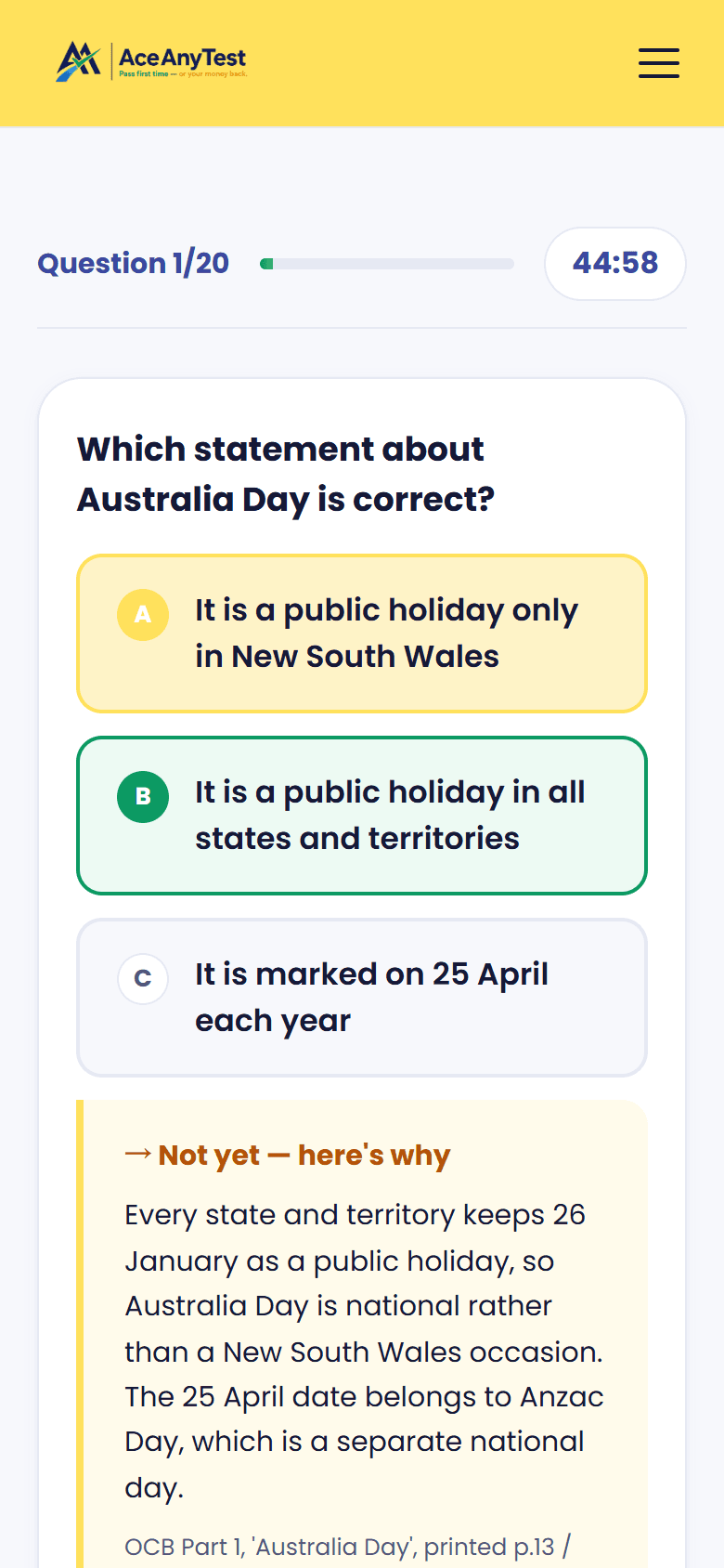 Ace Citizenship Test: Every answer explains itself, and cites the handbook section it came from
