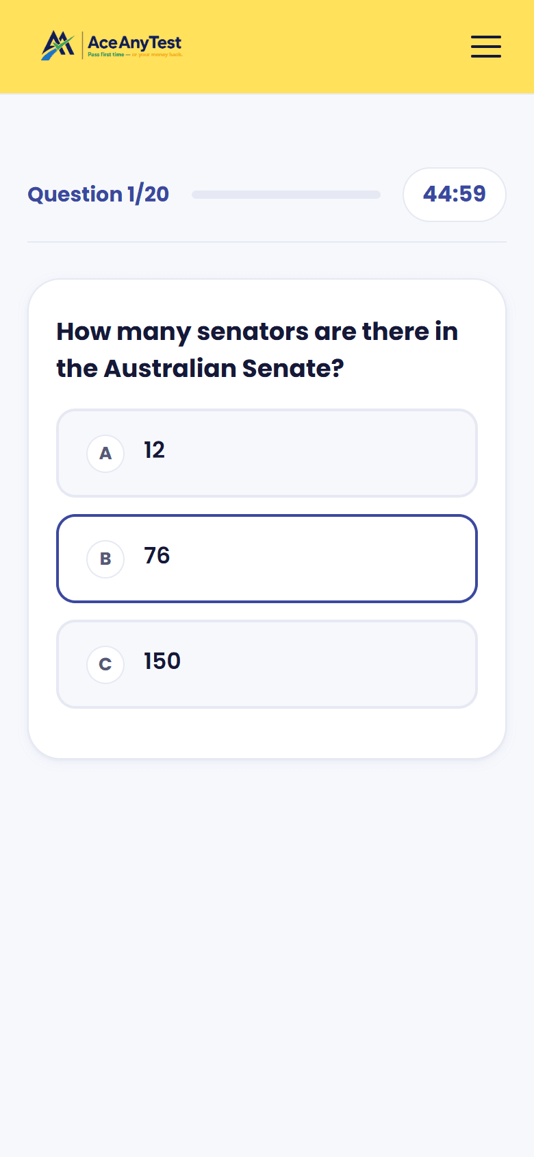 Ace Citizenship Test: A question in the real format: three options, one correct