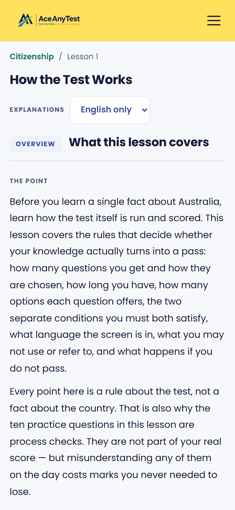 Ace Citizenship Test: Twelve short lessons, one idea per screen