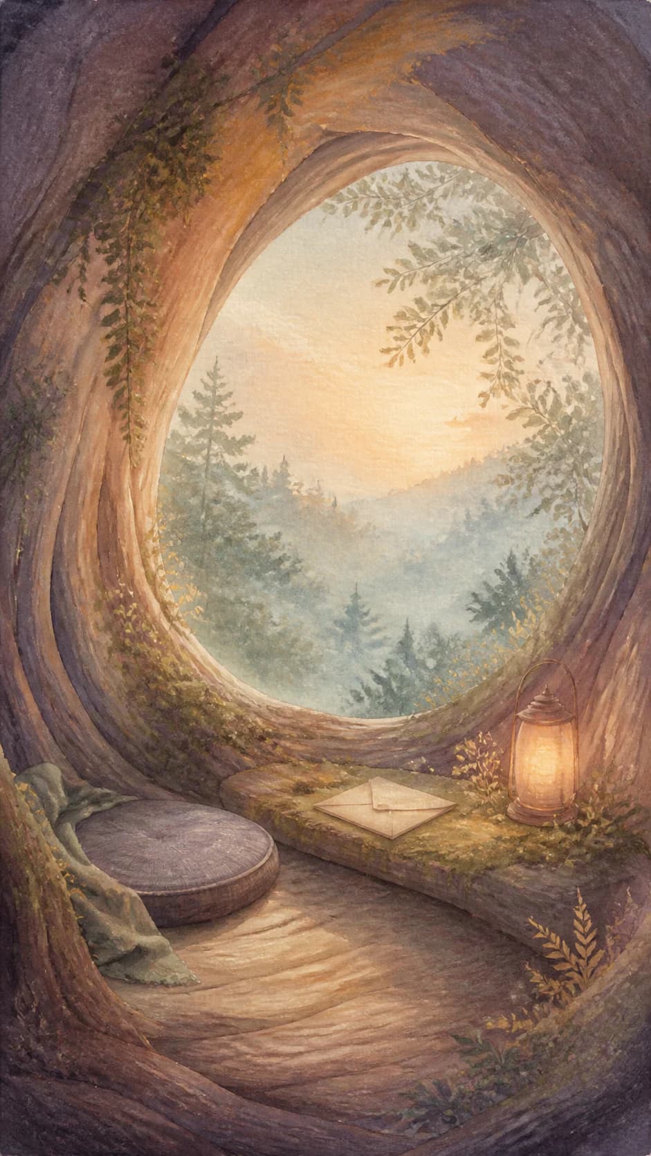 A warm tree hollow looking out toward a quiet dawn